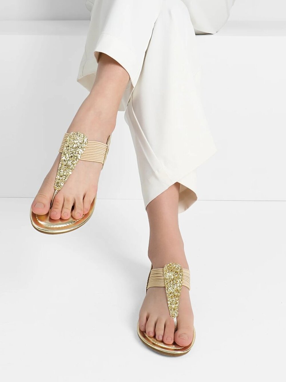 SANDALUP Glitter T-Strap Flat Sandals